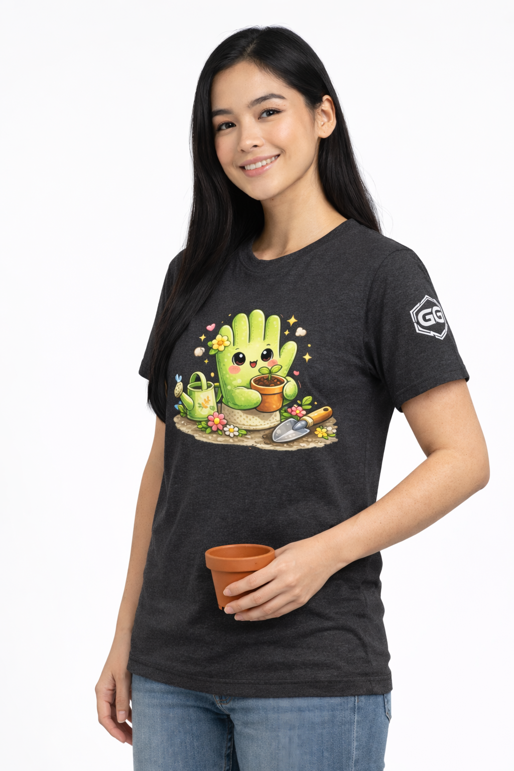 model:6:f | Grüner Daumen T-Shirt – Modelfoto in Dunkelmeliert – Frau