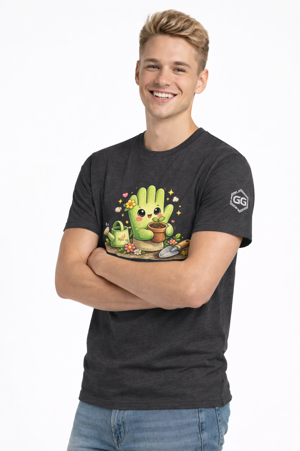 model:6:m | Grüner Daumen T-Shirt – Modelfoto in Dunkelmeliert – Mann