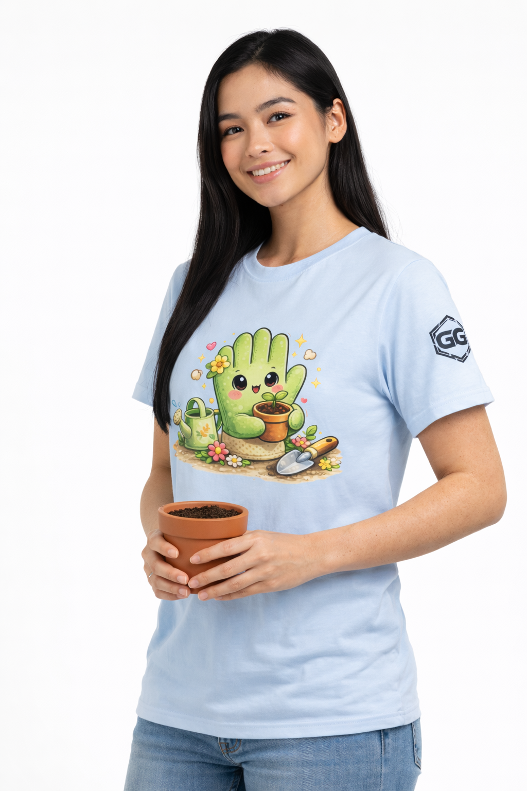 model:7:f | Grüner Daumen T-Shirt – Modelfoto in Hellblau – Frau