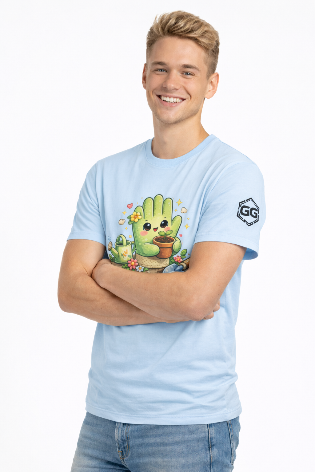 model:7:m | Grüner Daumen T-Shirt – Modelfoto in Hellblau – Mann