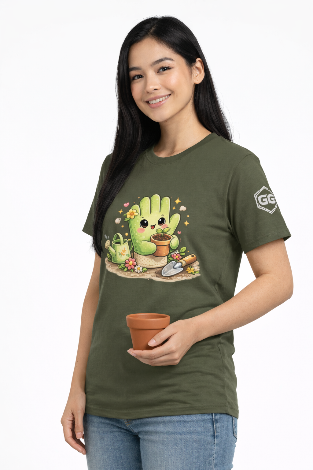 model:5:f | Grüner Daumen T-Shirt – Modelfoto in Militärgrün – Frau