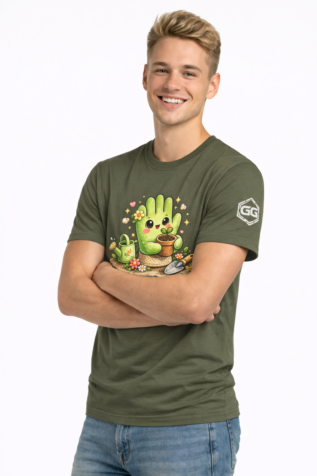 model:5:m | Grüner Daumen T-Shirt – Modelfoto in Militärgrün – Mann