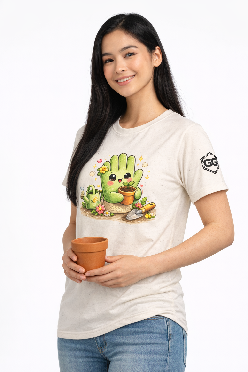 model:4:f | Grüner Daumen T-Shirt – Modelfoto in Natur – Frau
