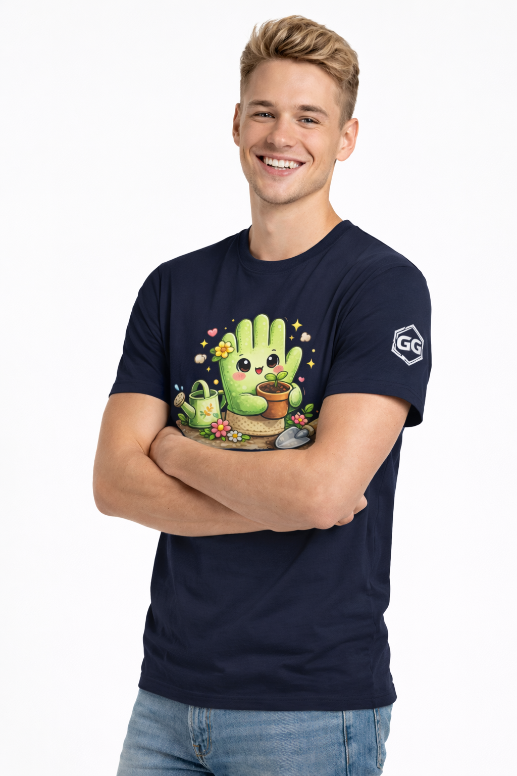 model:9:m | Grüner Daumen T-Shirt – Modelfoto in Navy – Mann