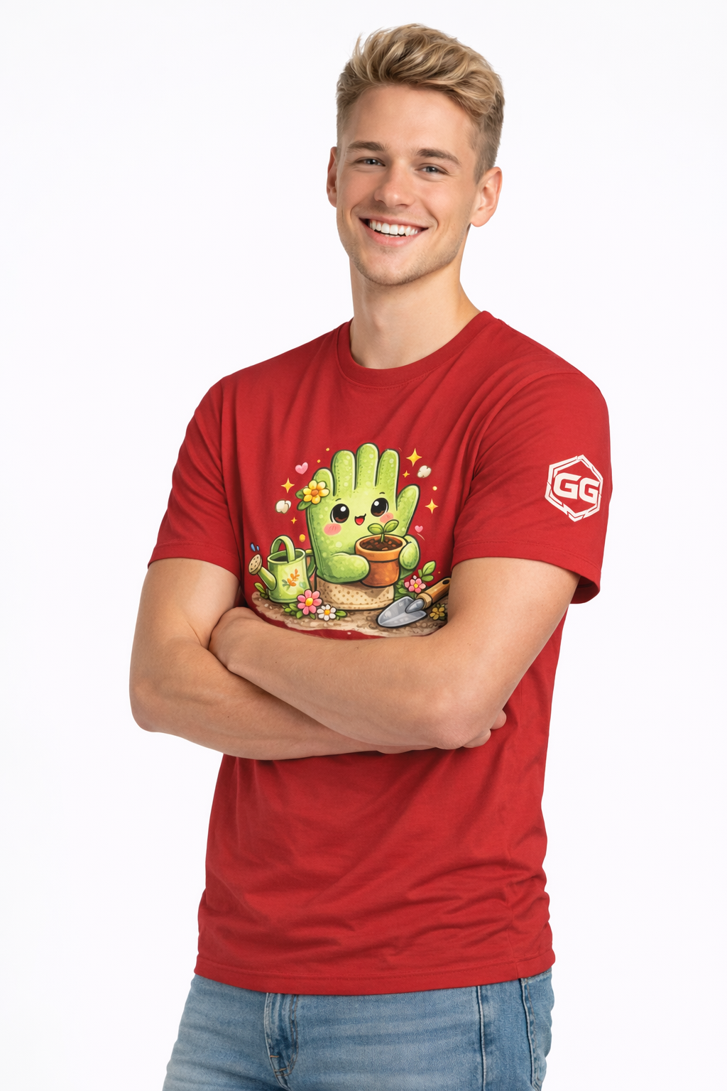 model:10:m | Grüner Daumen T-Shirt – Modelfoto in Rot – Mann