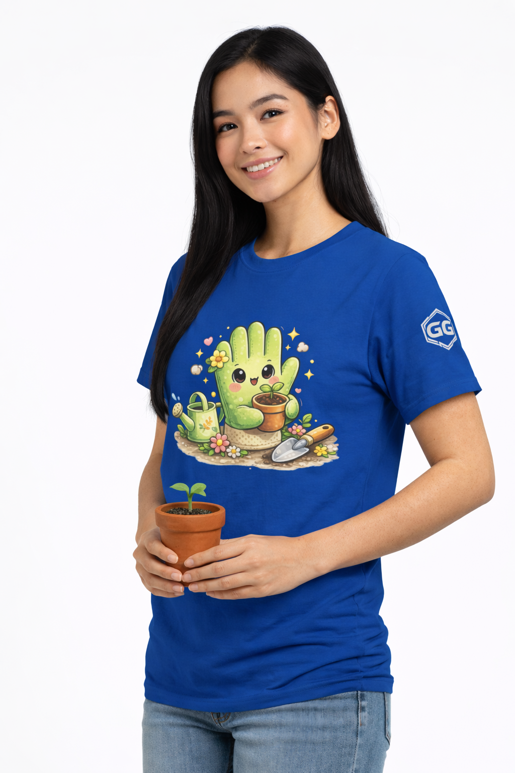 model:8:f | Grüner Daumen T-Shirt – Modelfoto in Royalblau – Frau