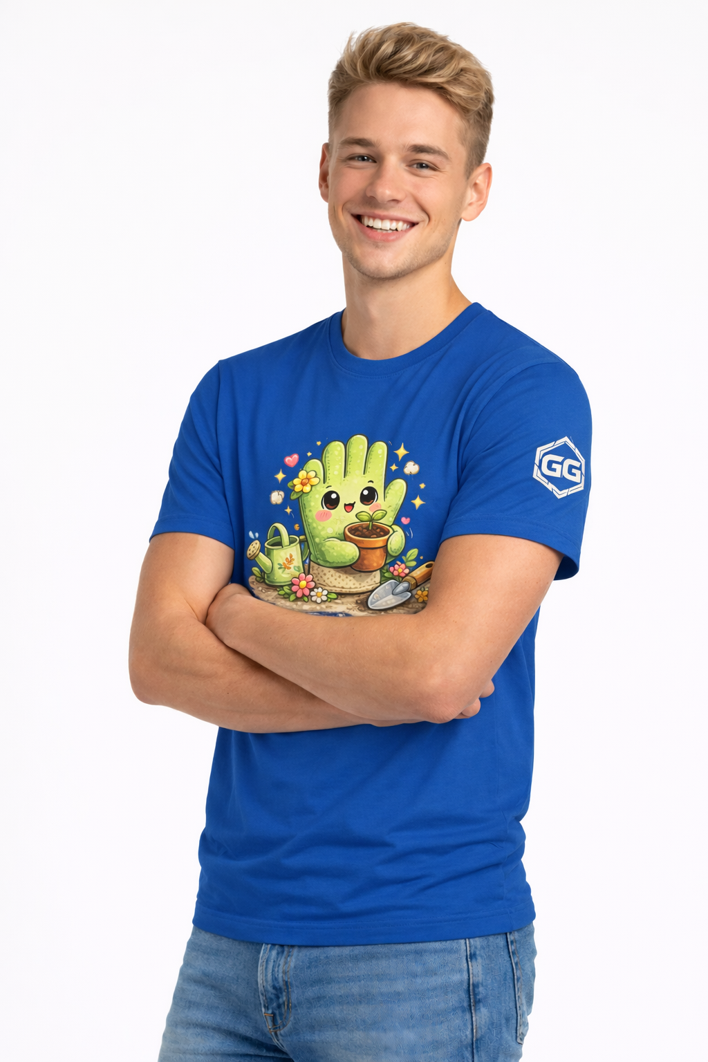 model:8:m | Grüner Daumen T-Shirt – Modelfoto in Royalblau – Mann