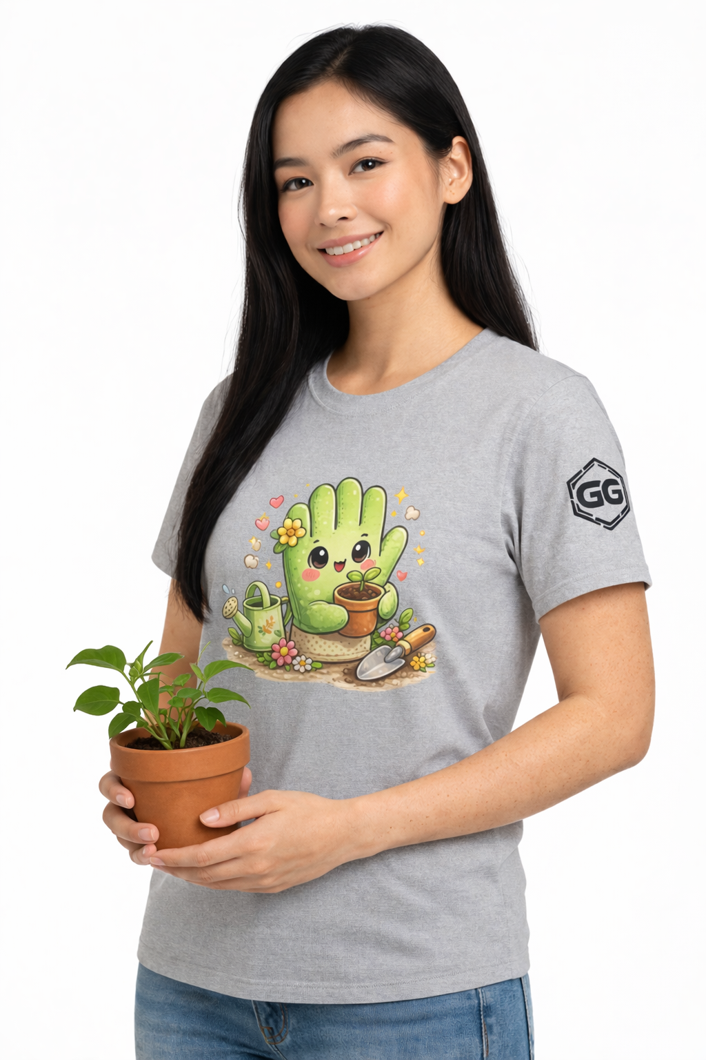 model:2:f | Grüner Daumen T-Shirt – Modelfoto in Sportgrau – Frau