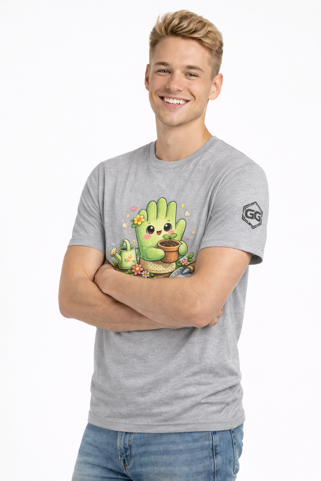 model:2:m | Grüner Daumen T-Shirt – Modelfoto in Sportgrau – Mann