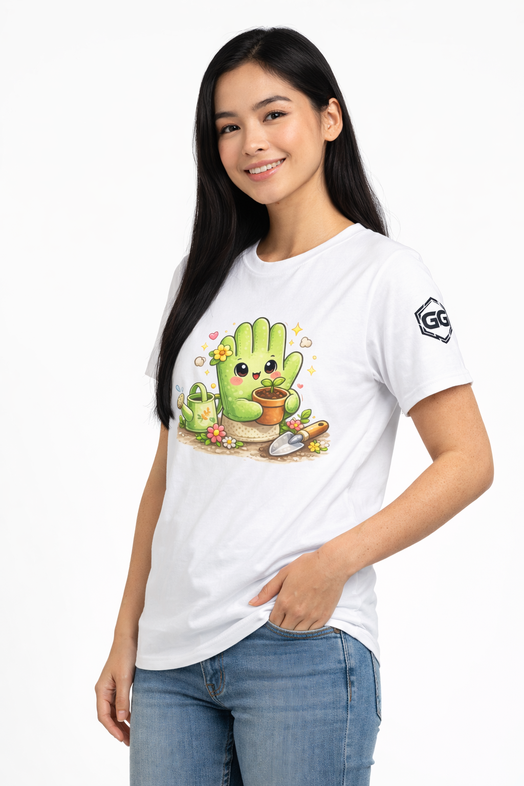 model:0:f | Grüner Daumen T-Shirt – Modelfoto in Weiß – Frau