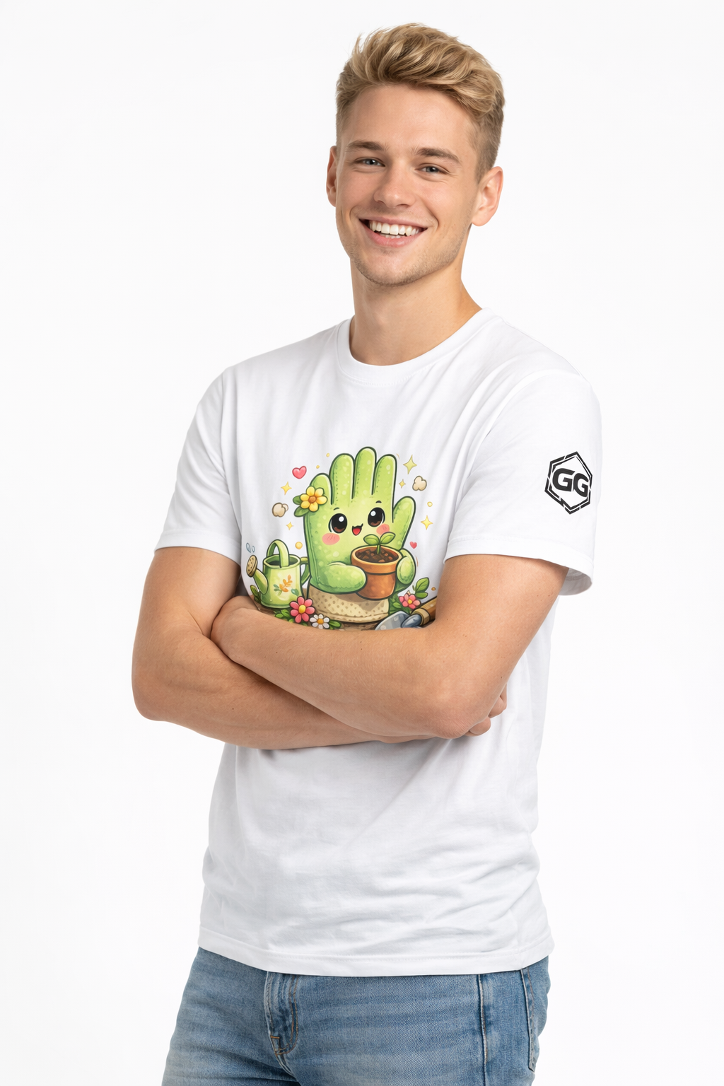 model:0:m | Grüner Daumen T-Shirt – Modelfoto in Weiß – Mann