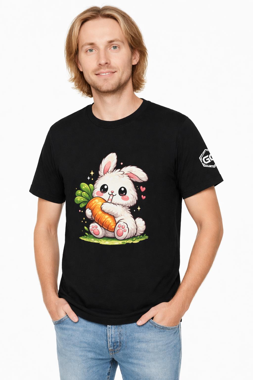 model:1:m | Bunny & Carrot T-Shirt – Modelfoto in Schwarz – Mann