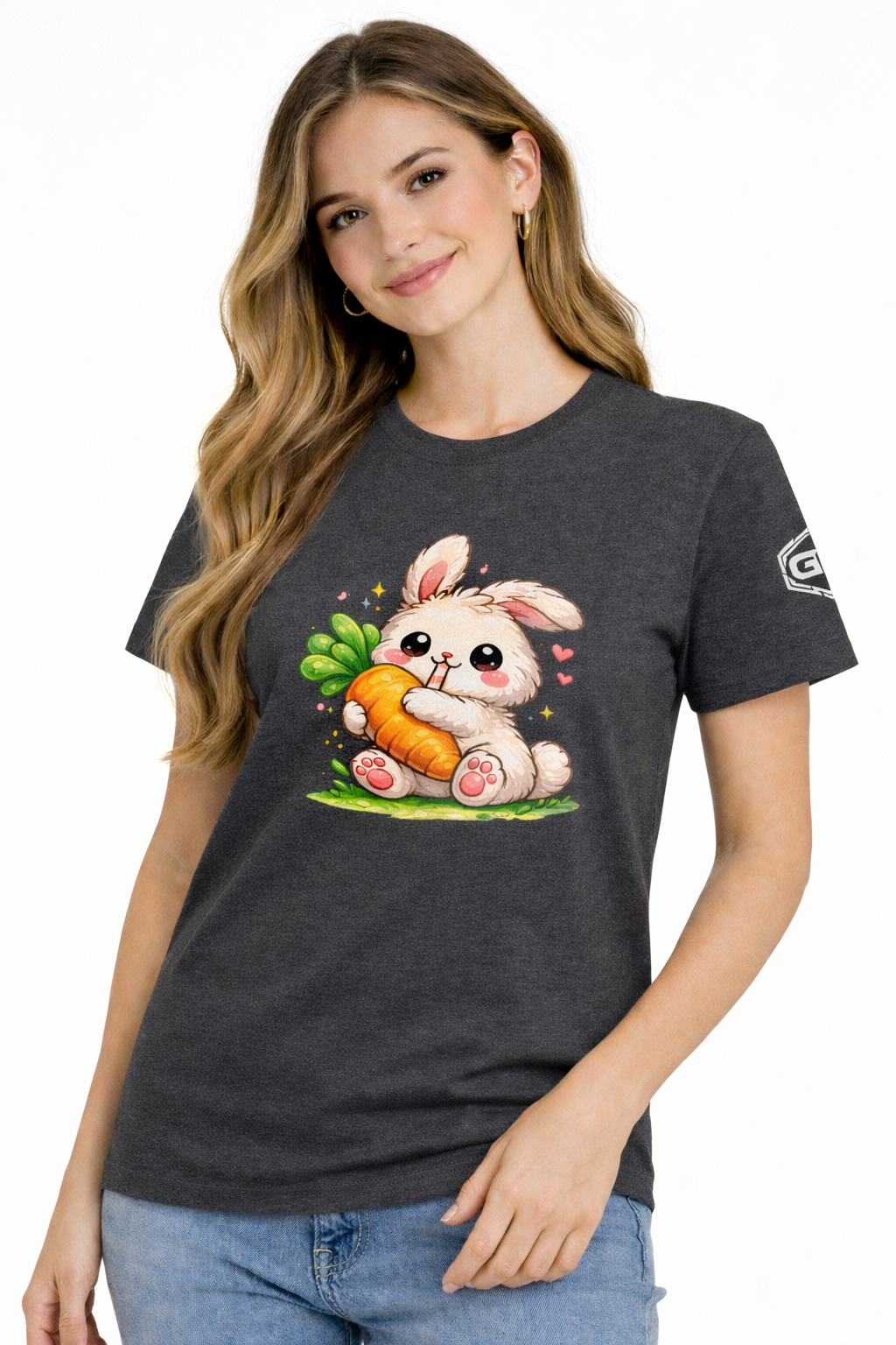 model:6:f | Bunny & Carrot T-Shirt – Modelfoto in Dunkelmeliert – Frau