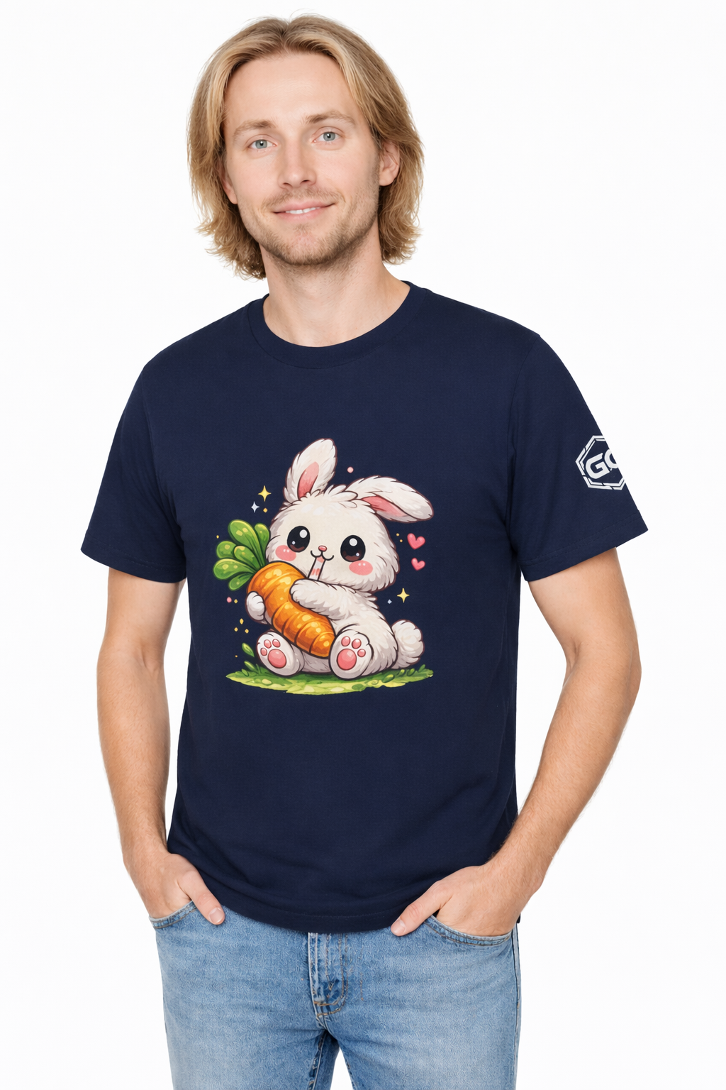 model:9:m | Bunny & Carrot T-Shirt – Modelfoto in Navy – Mann