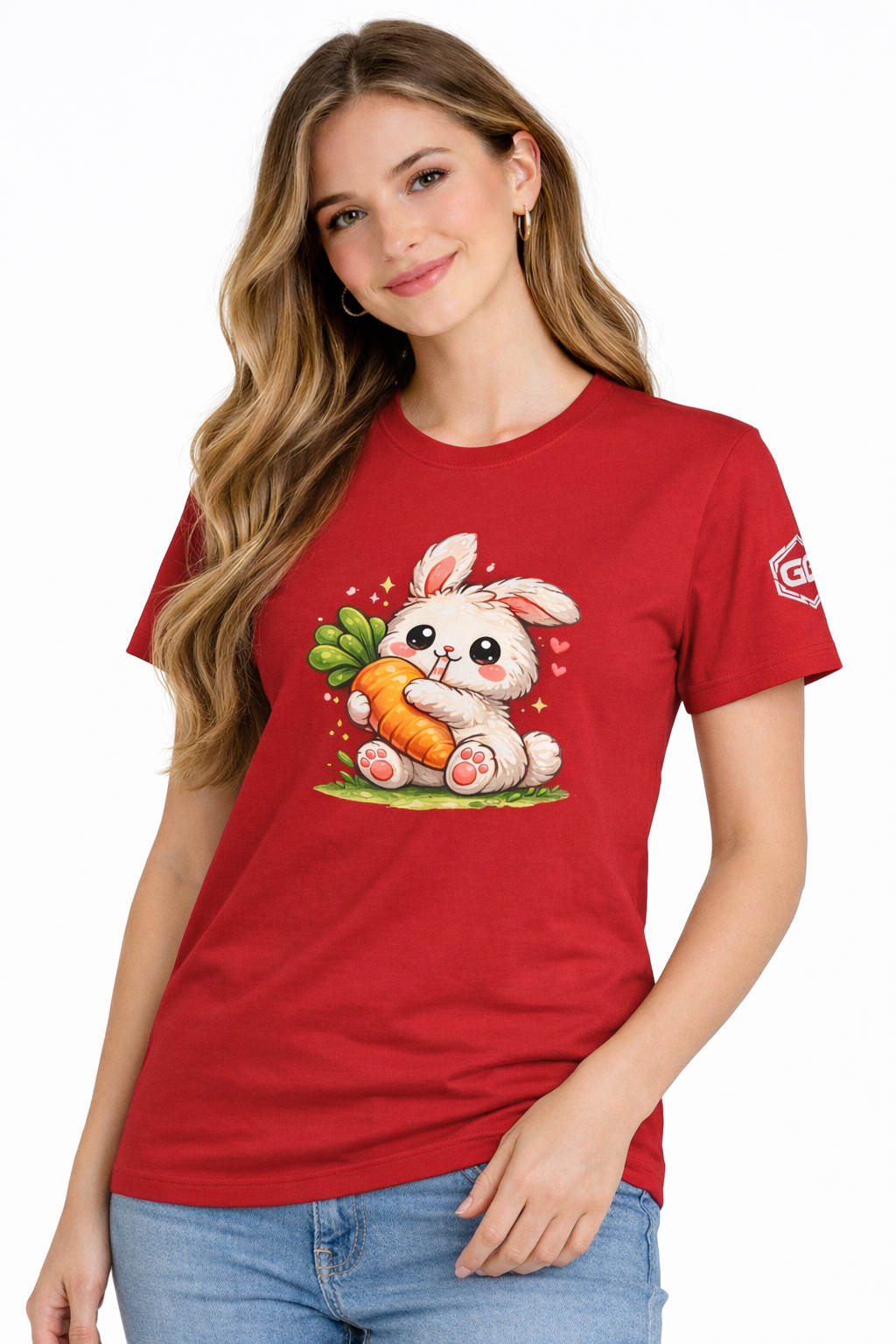 model:10:f | Bunny & Carrot T-Shirt – Modelfoto in Rot – Frau