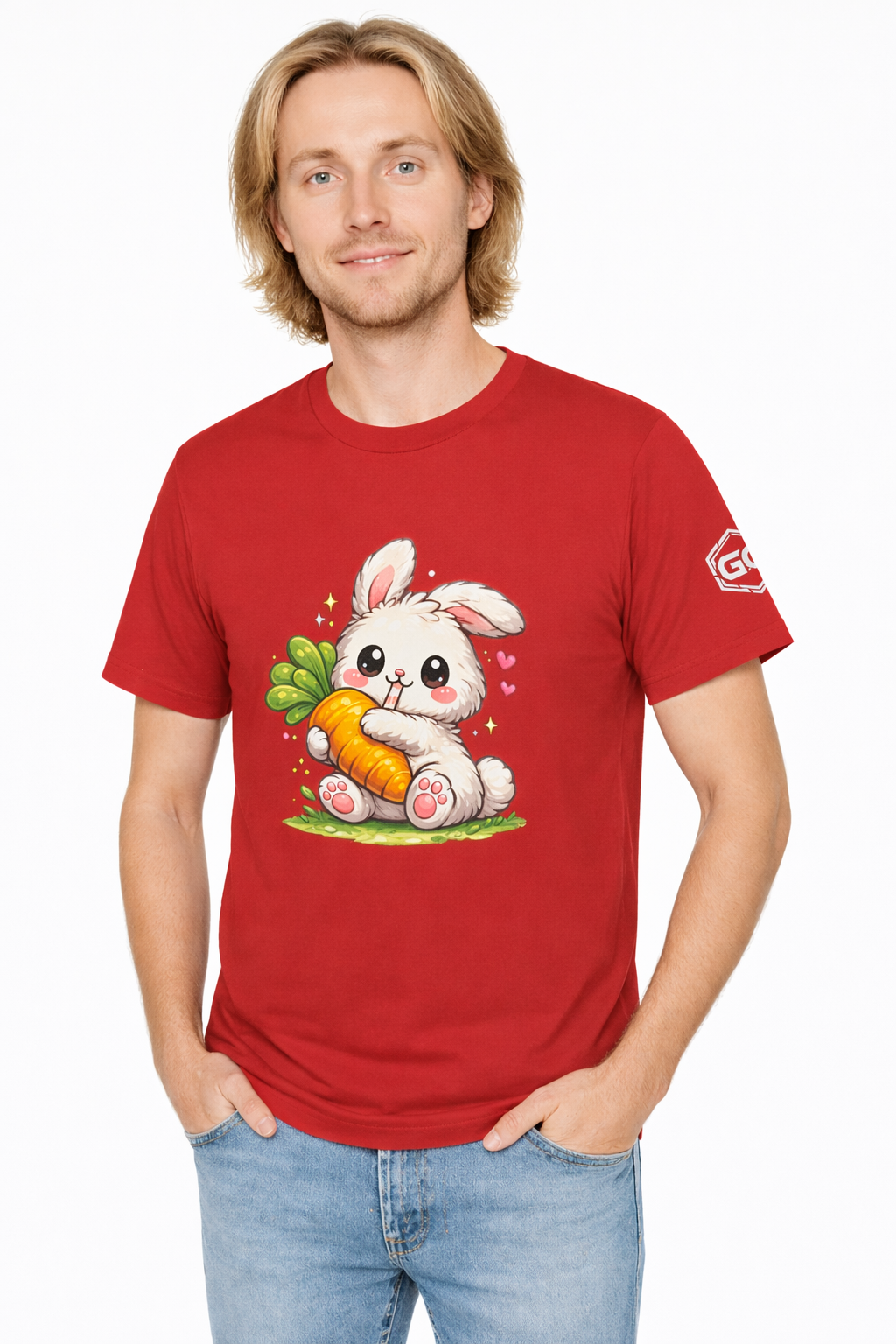 model:10:m | Bunny & Carrot T-Shirt – Modelfoto in Rot – Mann
