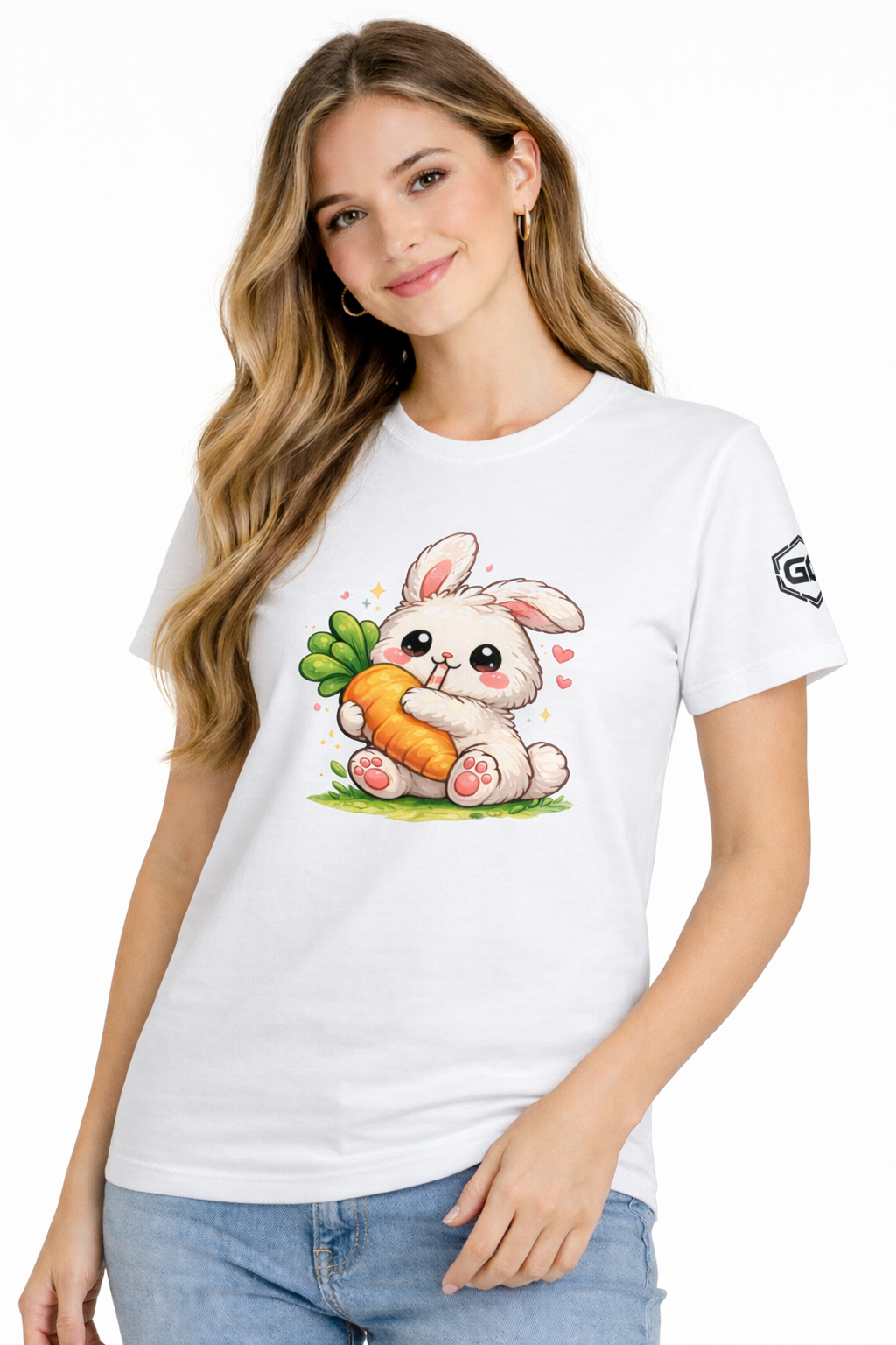 model:0:f | Bunny & Carrot T-Shirt – Modelfoto in Weiß – Frau