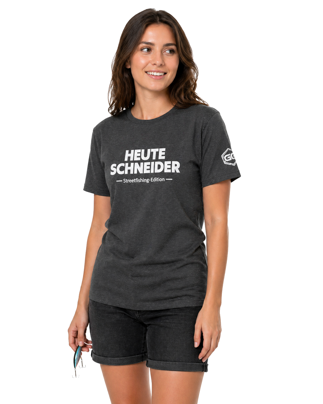 model:6:f | Skunked Today T-Shirt — Streetfishing Edition – Model photo in Dark Heather – Woman