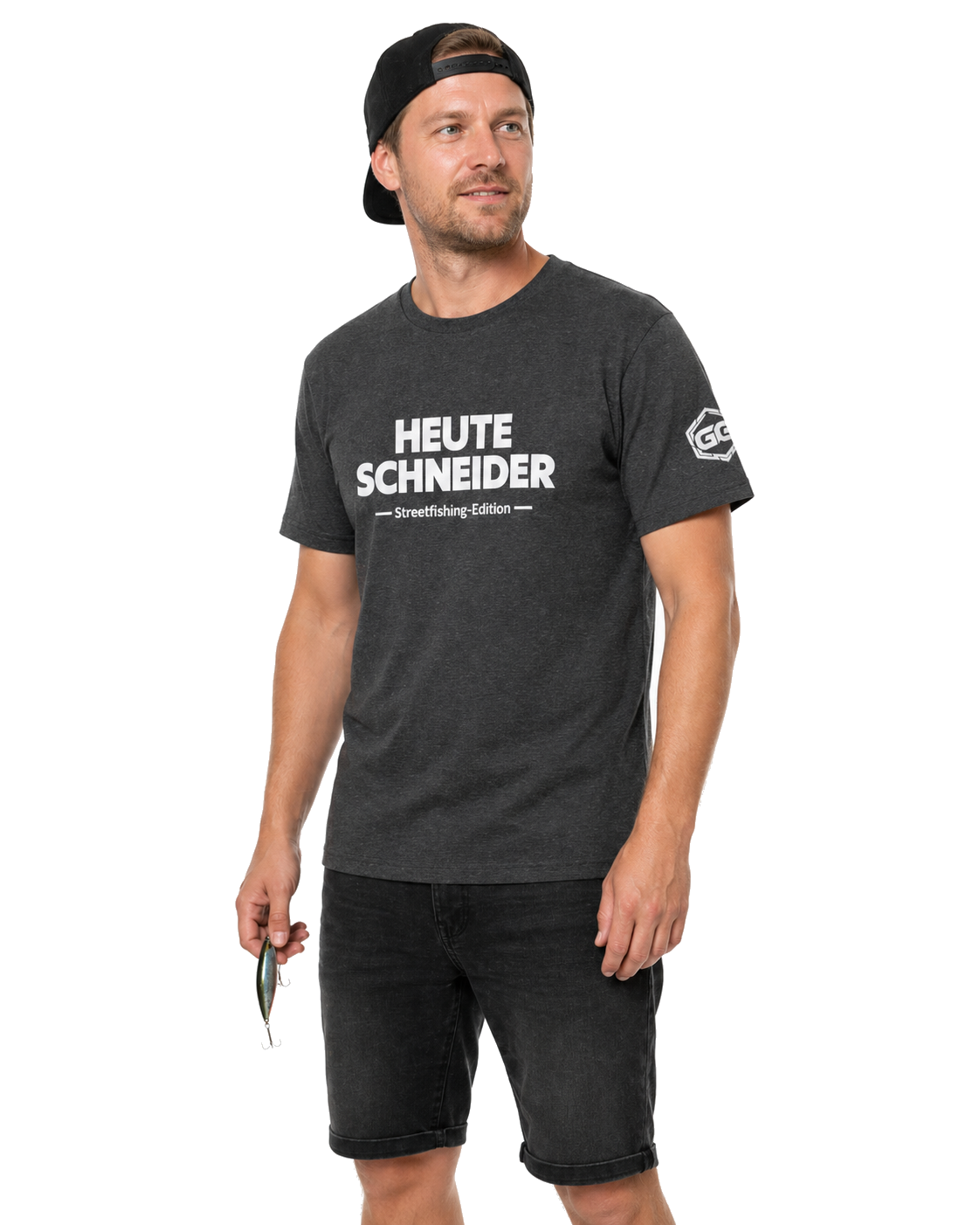 model:6:m | Skunked Today T-Shirt — Streetfishing Edition – Model photo in Dark Heather – Man