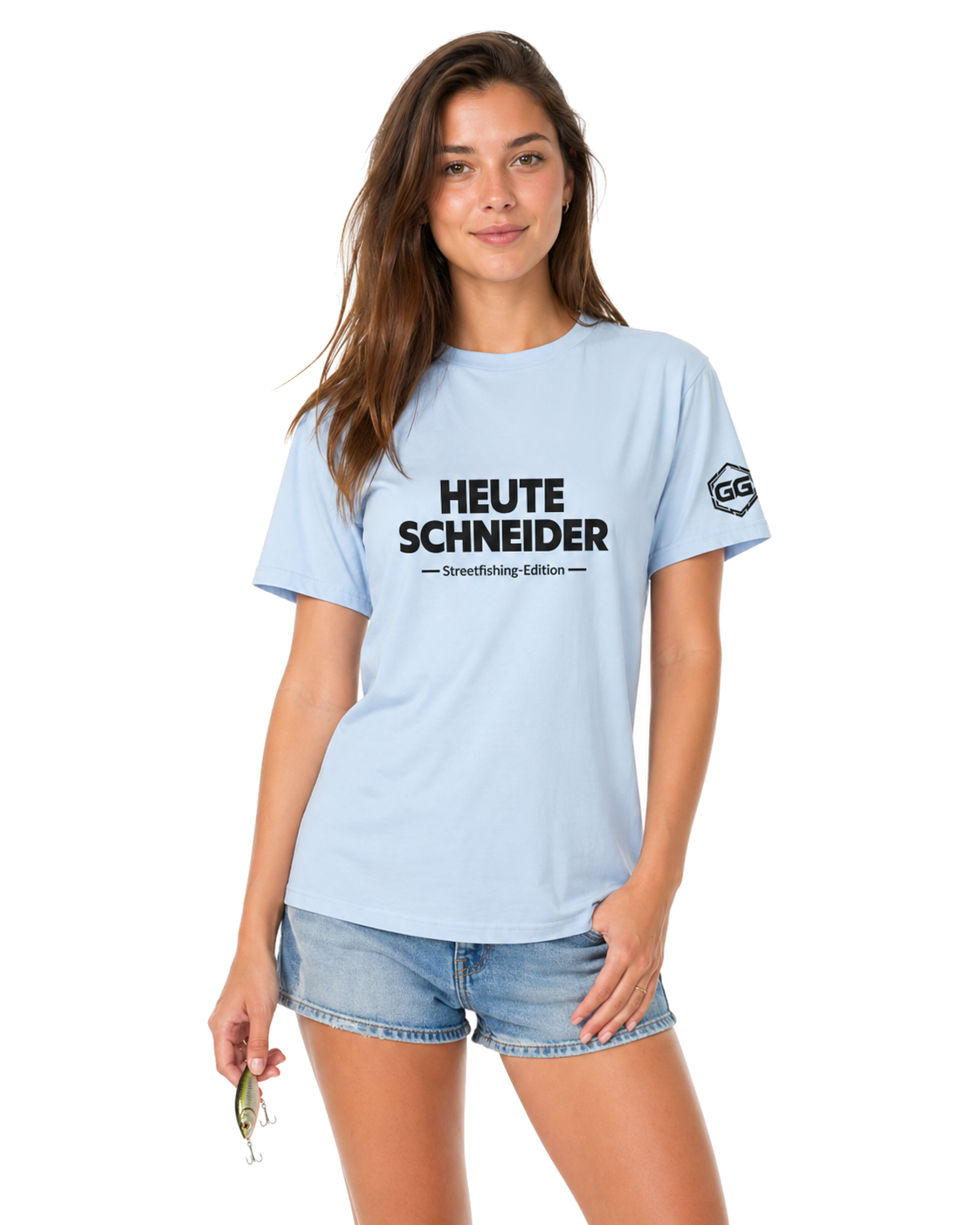 model:7:f | Skunked Today T-Shirt — Streetfishing Edition – Model photo in Light Blue – Woman