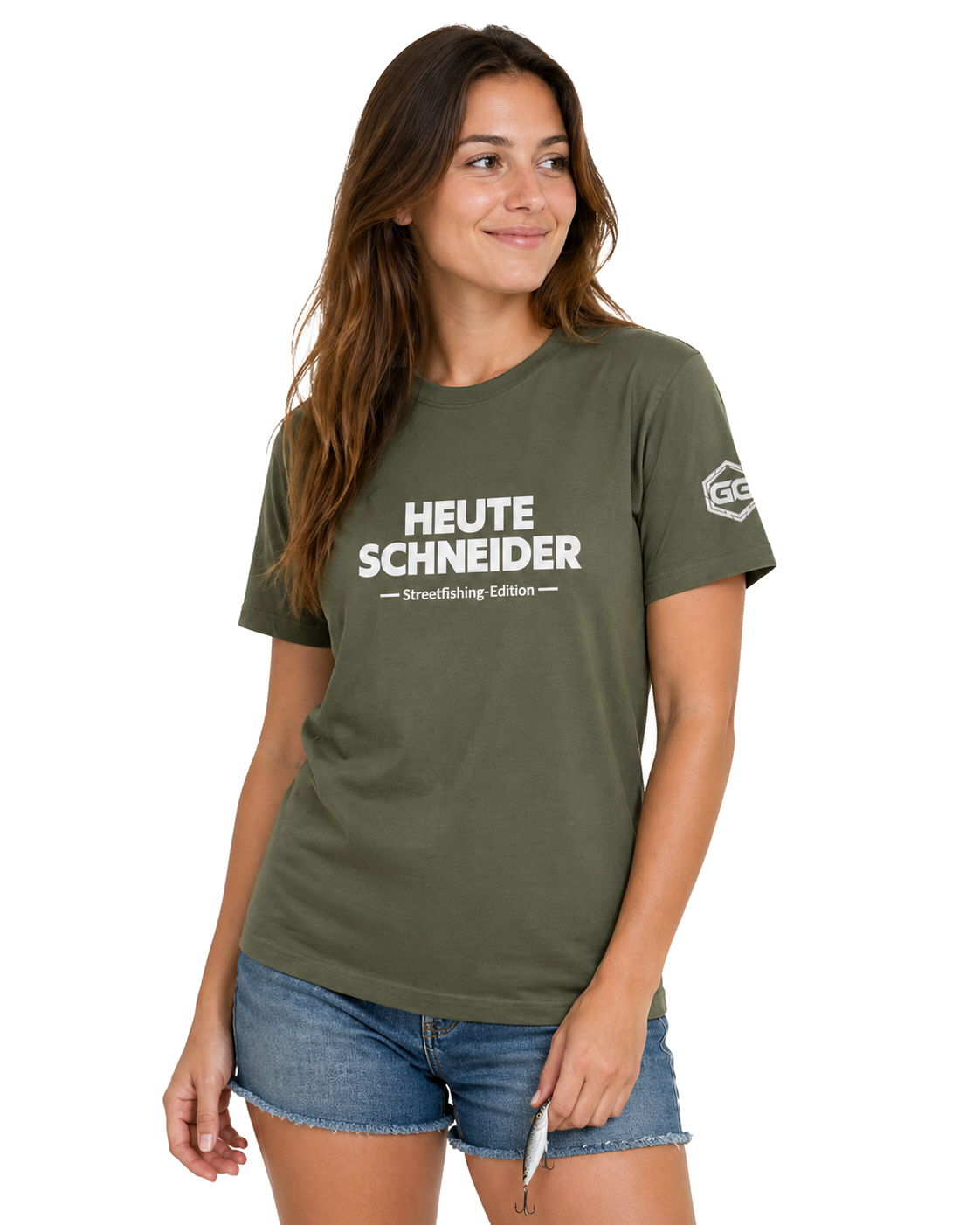 model:5:f | Skunked Today T-Shirt — Streetfishing Edition – Model photo in Military Green – Woman