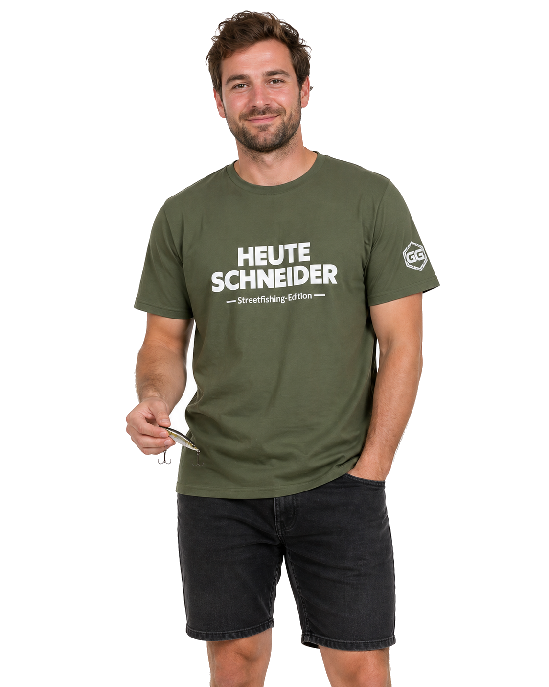 model:5:m | Skunked Today T-Shirt — Streetfishing Edition – Model photo in Military Green – Man