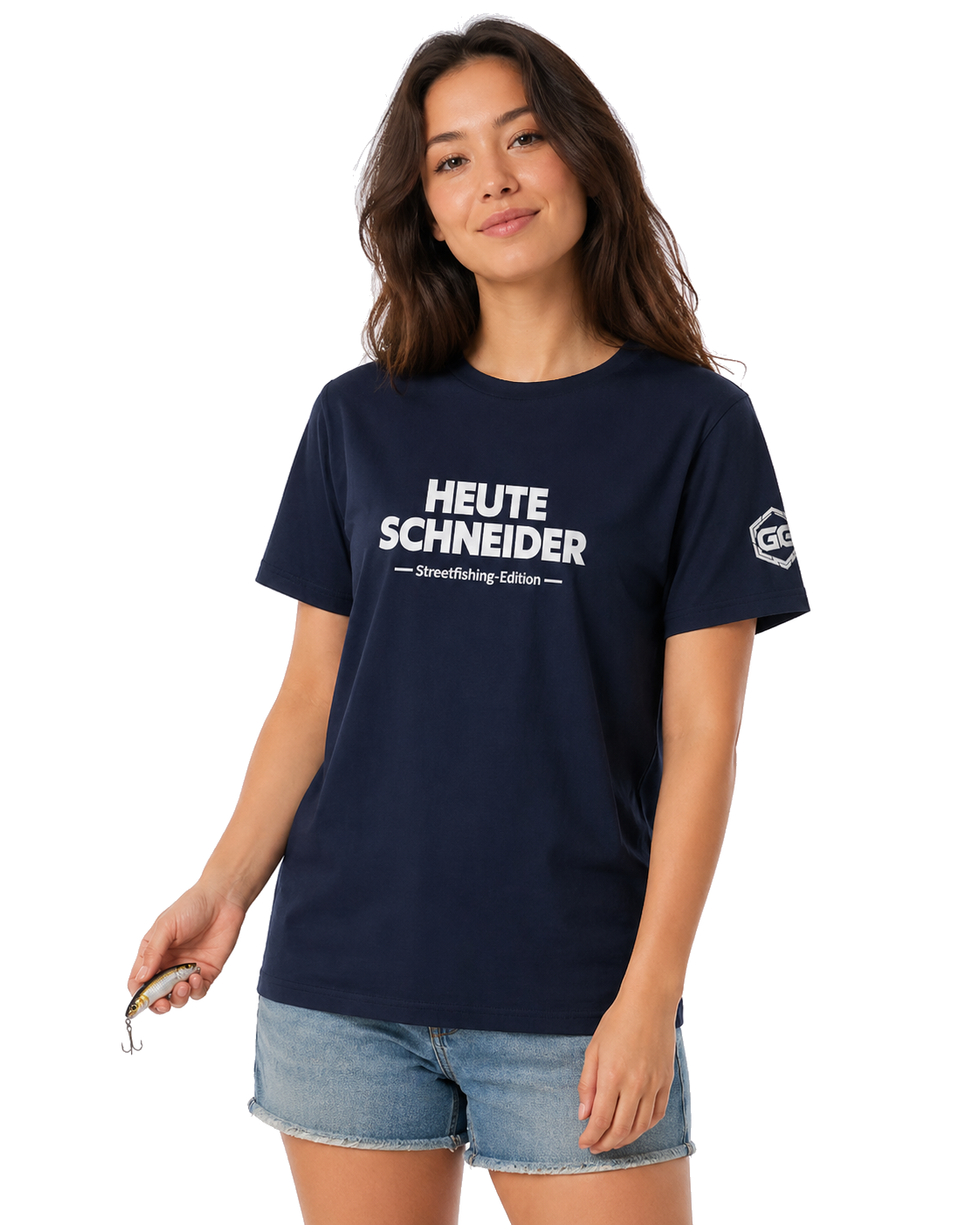 model:9:f | Skunked Today T-Shirt — Streetfishing Edition – Model photo in Navy – Woman