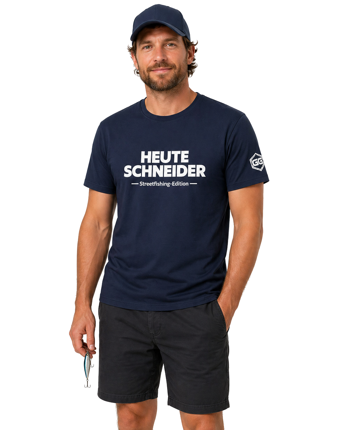 model:9:m | Skunked Today T-Shirt — Streetfishing Edition – Model photo in Navy – Man