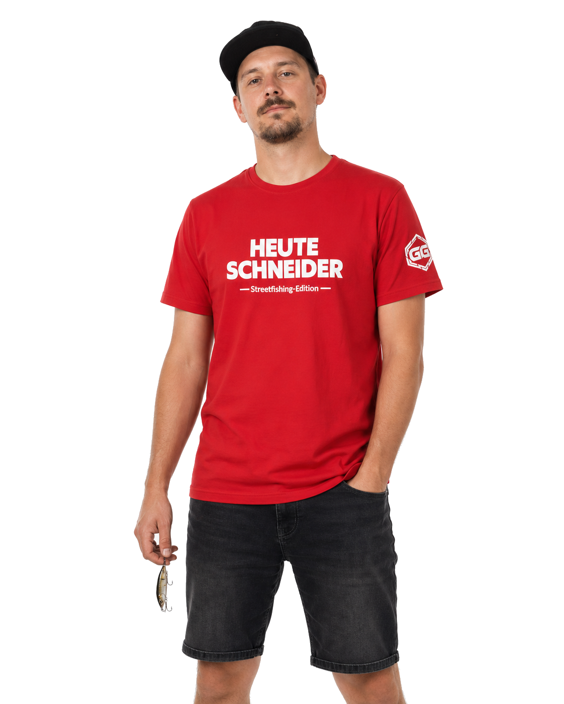 model:10:m | Skunked Today T-Shirt — Streetfishing Edition – Model photo in Red – Man