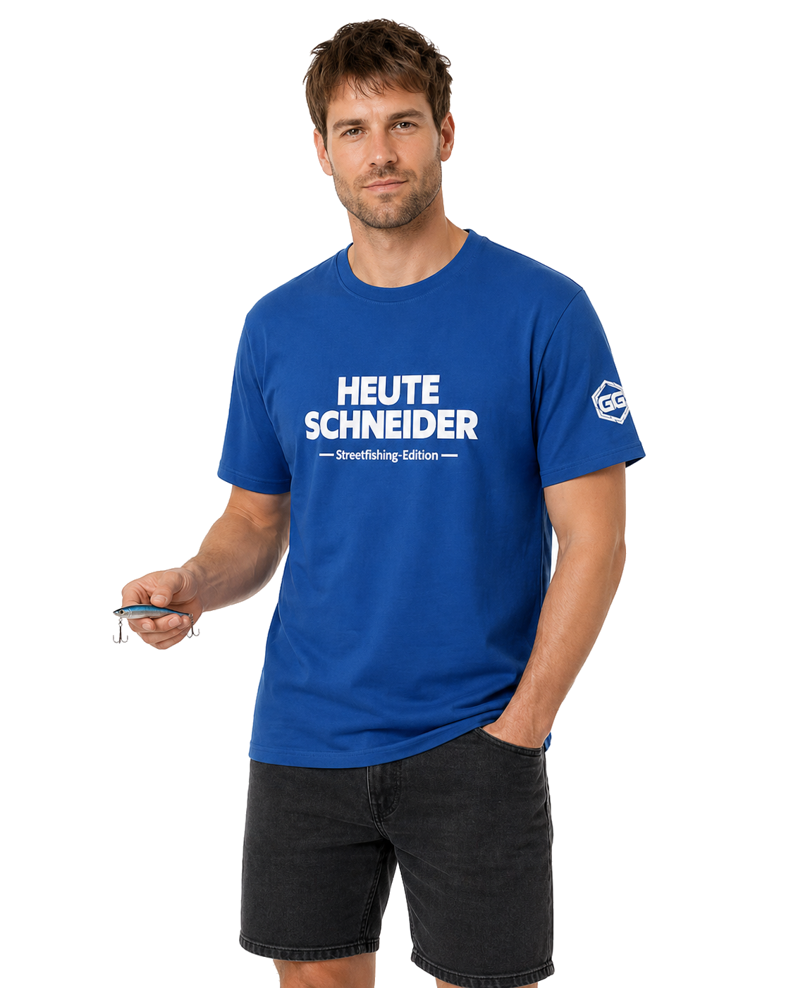 model:8:m | Skunked Today T-Shirt — Streetfishing Edition – Model photo in Royal – Man