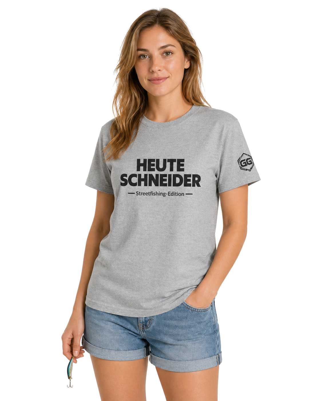 model:2:f | Skunked Today T-Shirt — Streetfishing Edition – Model photo in Sport Grey – Woman