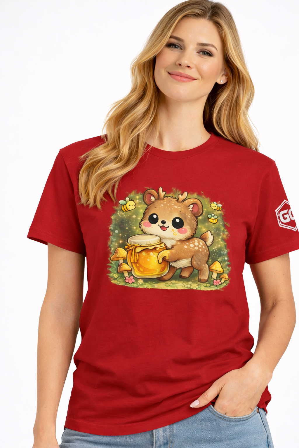 model:10:f | Deer in the Forest T-Shirt – Modelfoto in Rot – Frau