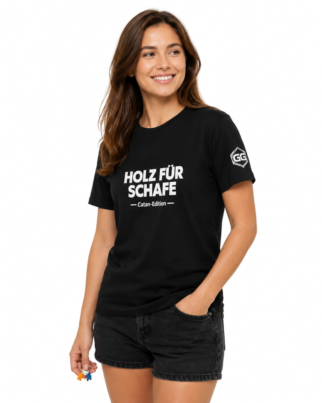model:1:f | Wood for Sheep T-Shirt — Catan Edition – Model photo in Black – Woman