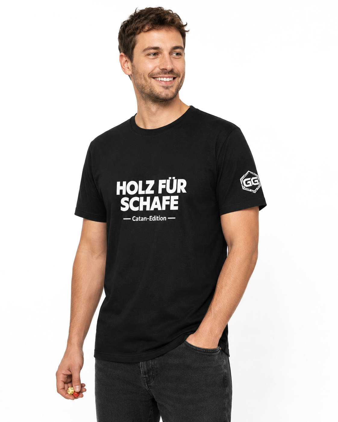 model:1:m | Wood for Sheep T-Shirt — Catan Edition – Model photo in Black – Man