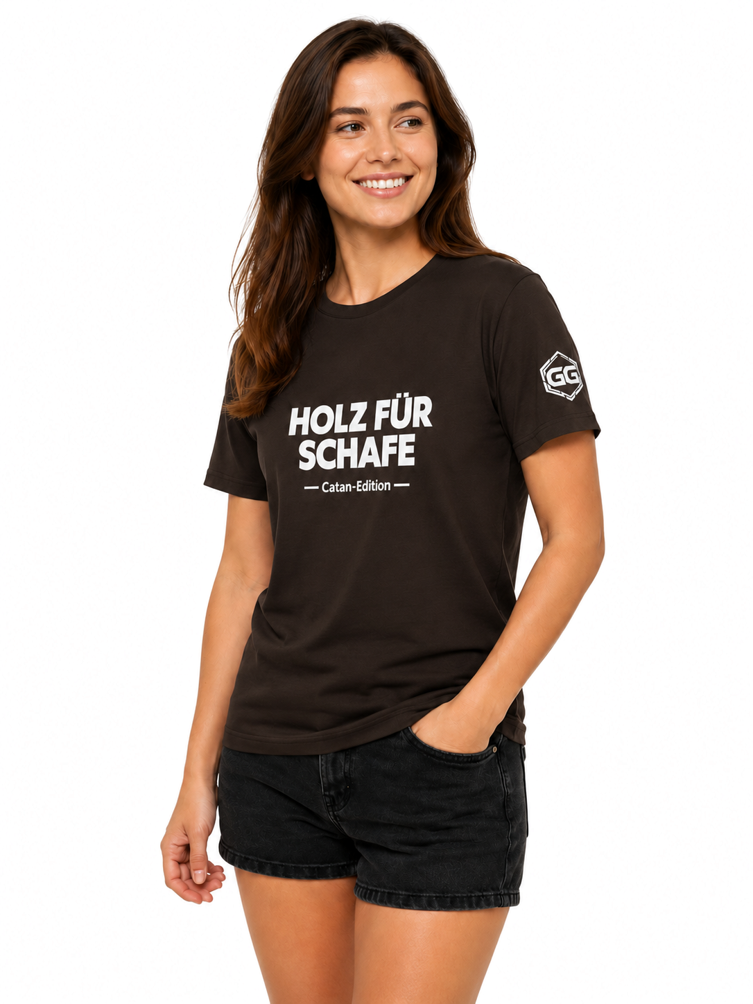 model:3:f | Wood for Sheep T-Shirt — Catan Edition – Model photo in Dark Chocolate – Woman