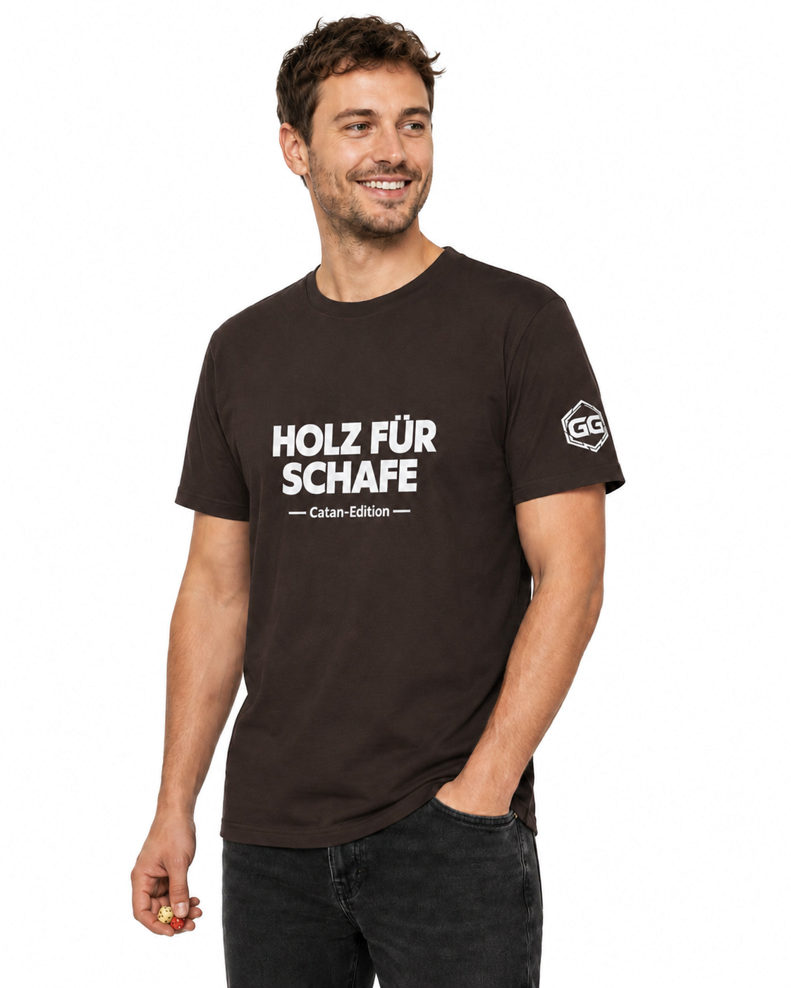 model:3:m | Wood for Sheep T-Shirt — Catan Edition – Model photo in Dark Chocolate – Man
