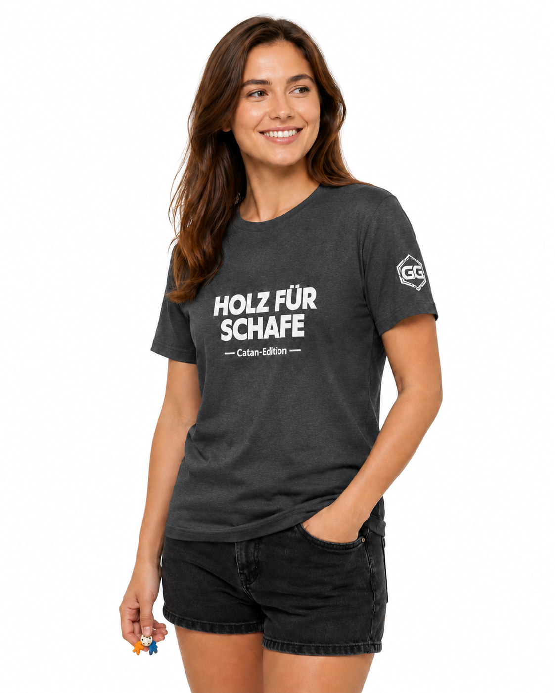 model:6:f | Wood for Sheep T-Shirt — Catan Edition – Model photo in Dark Heather – Woman
