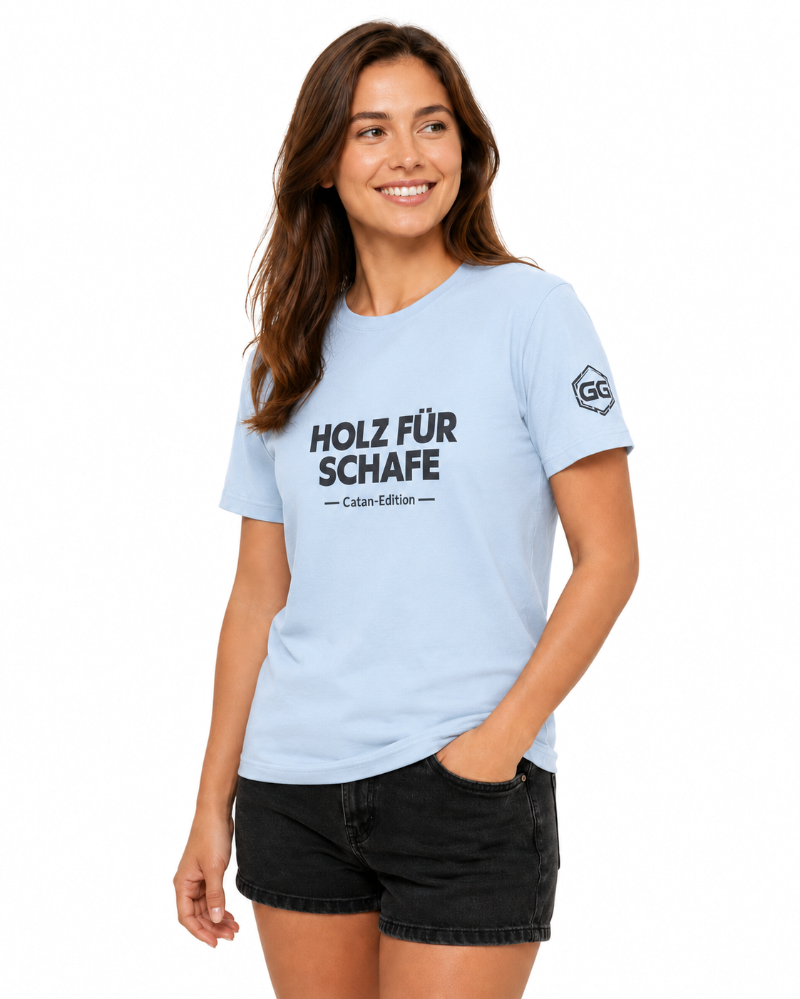 model:7:f | Wood for Sheep T-Shirt — Catan Edition – Model photo in Light Blue – Woman
