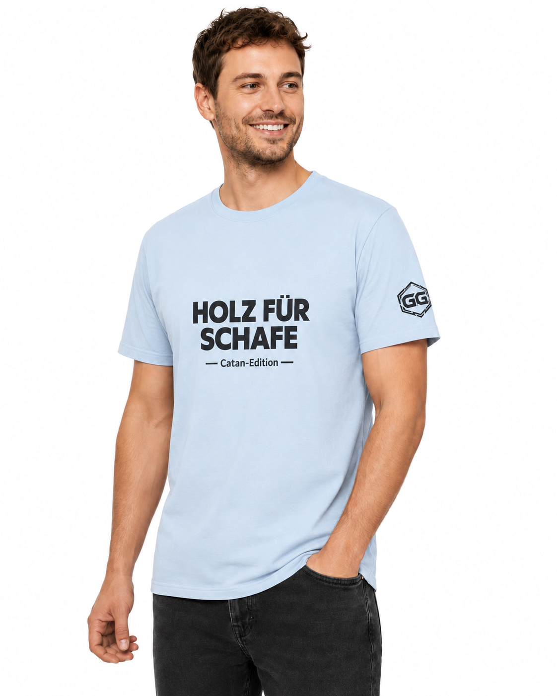 model:7:m | Wood for Sheep T-Shirt — Catan Edition – Model photo in Light Blue – Man