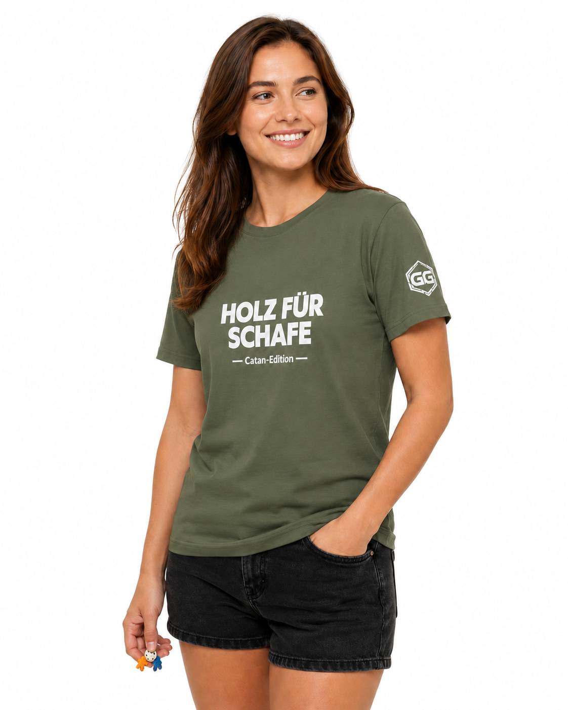 model:5:f | Wood for Sheep T-Shirt — Catan Edition – Model photo in Military Green – Woman