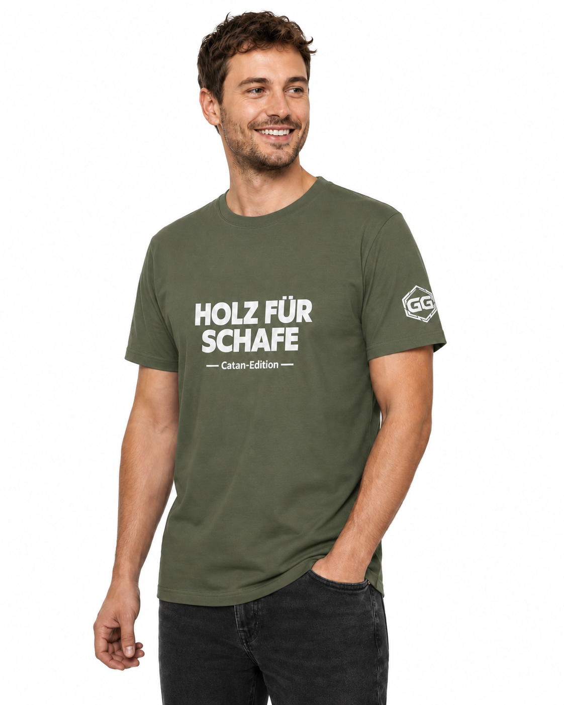 model:5:m | Wood for Sheep T-Shirt — Catan Edition – Model photo in Military Green – Man