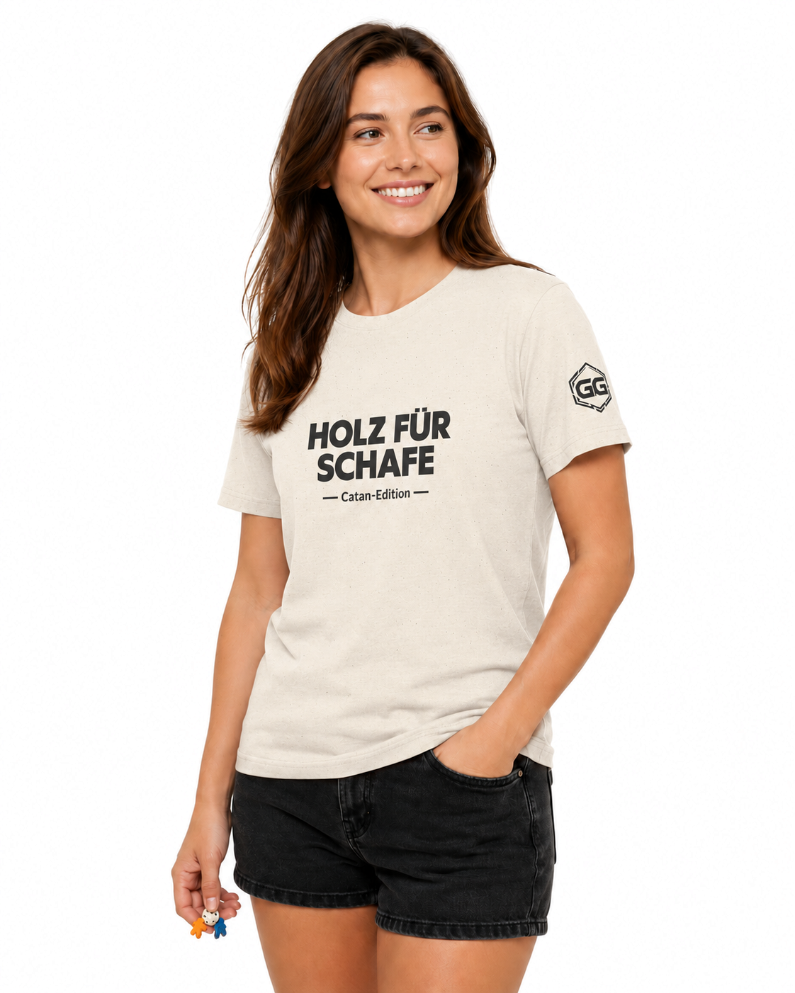 model:4:f | Wood for Sheep T-Shirt — Catan Edition – Model photo in Natural – Woman