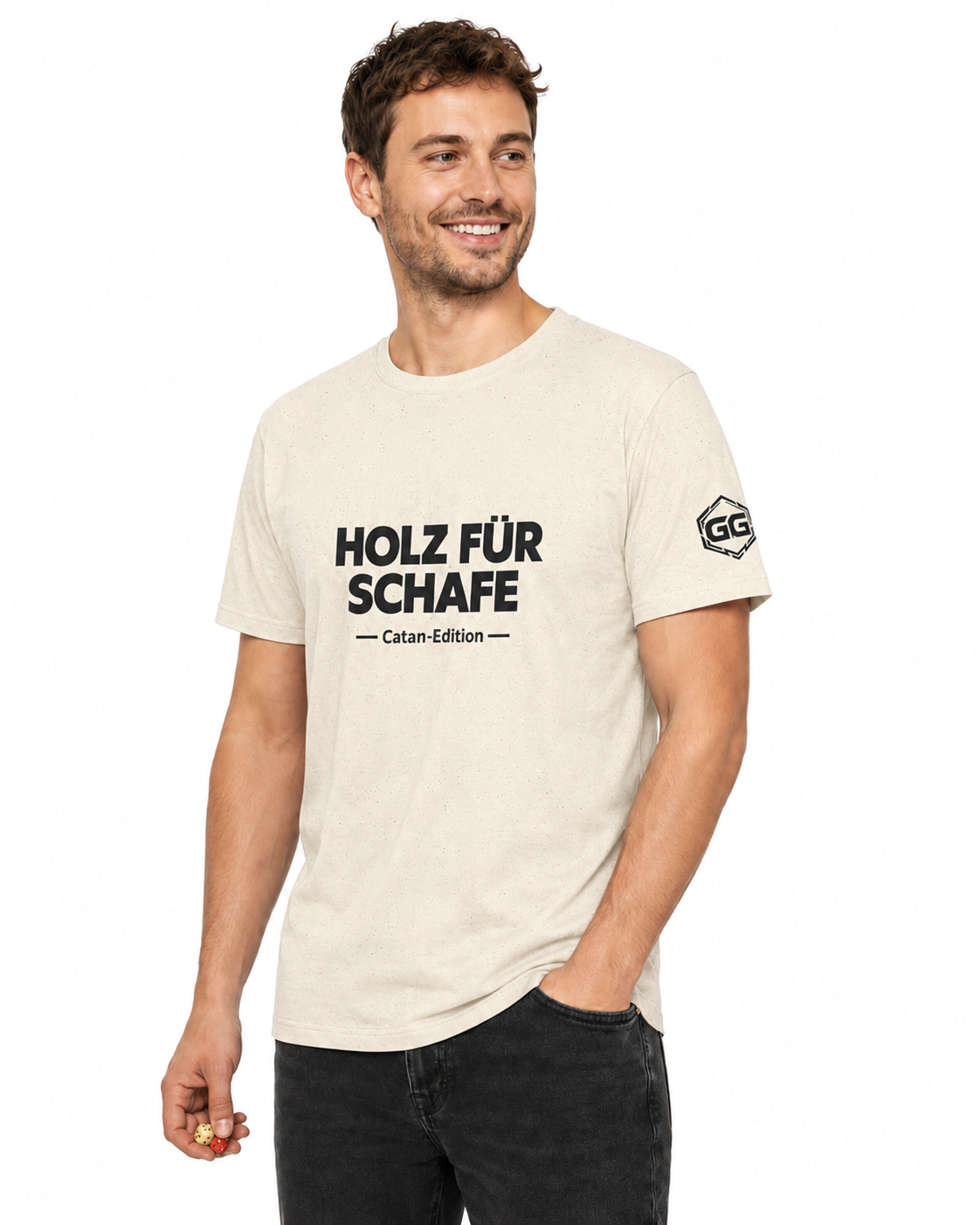 model:4:m | Wood for Sheep T-Shirt — Catan Edition – Model photo in Natural – Man