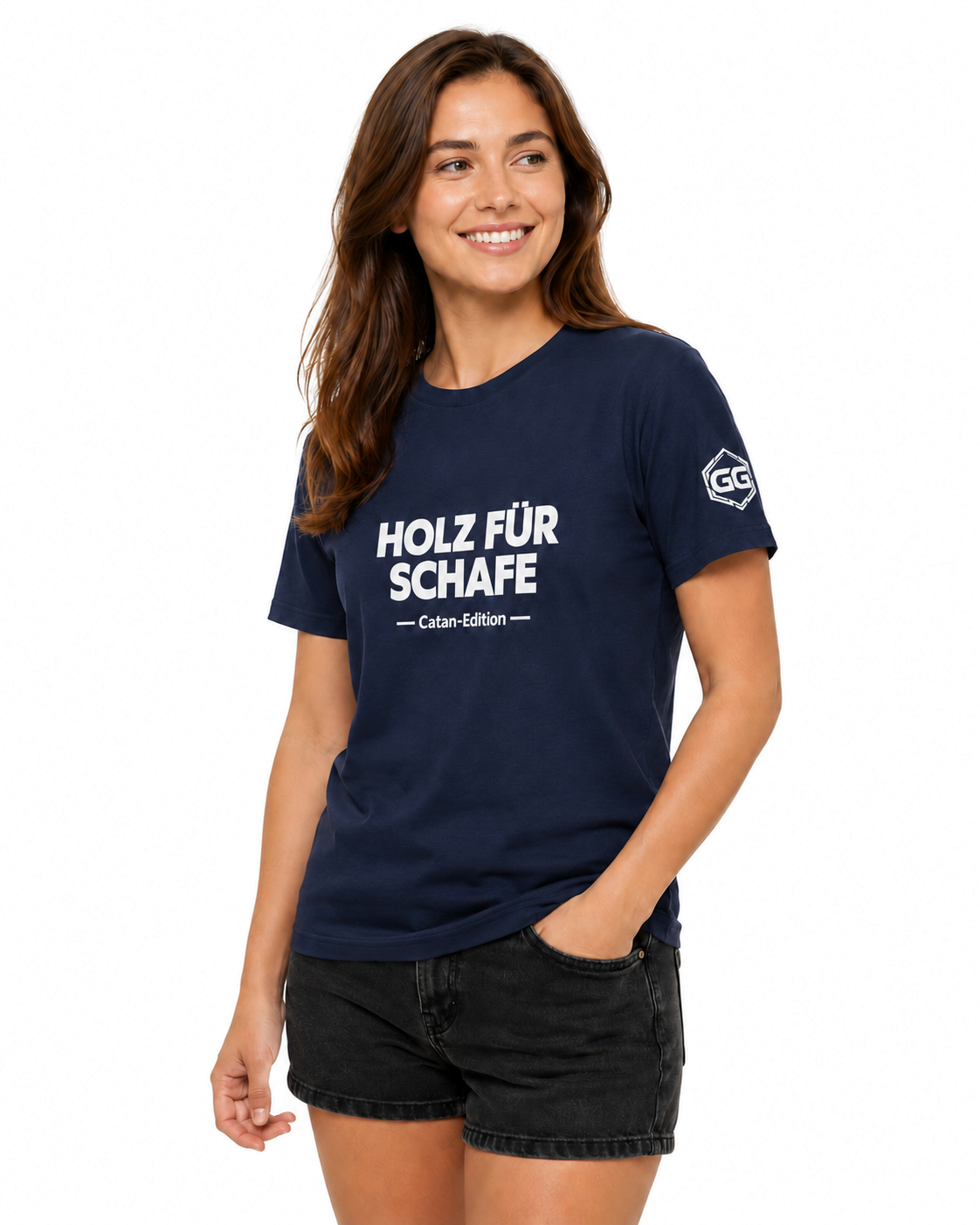 model:9:f | Wood for Sheep T-Shirt — Catan Edition – Model photo in Navy – Woman