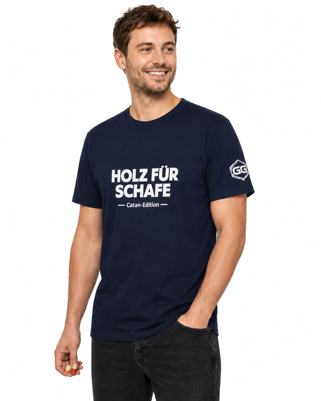 model:9:m | Wood for Sheep T-Shirt — Catan Edition – Model photo in Navy – Man
