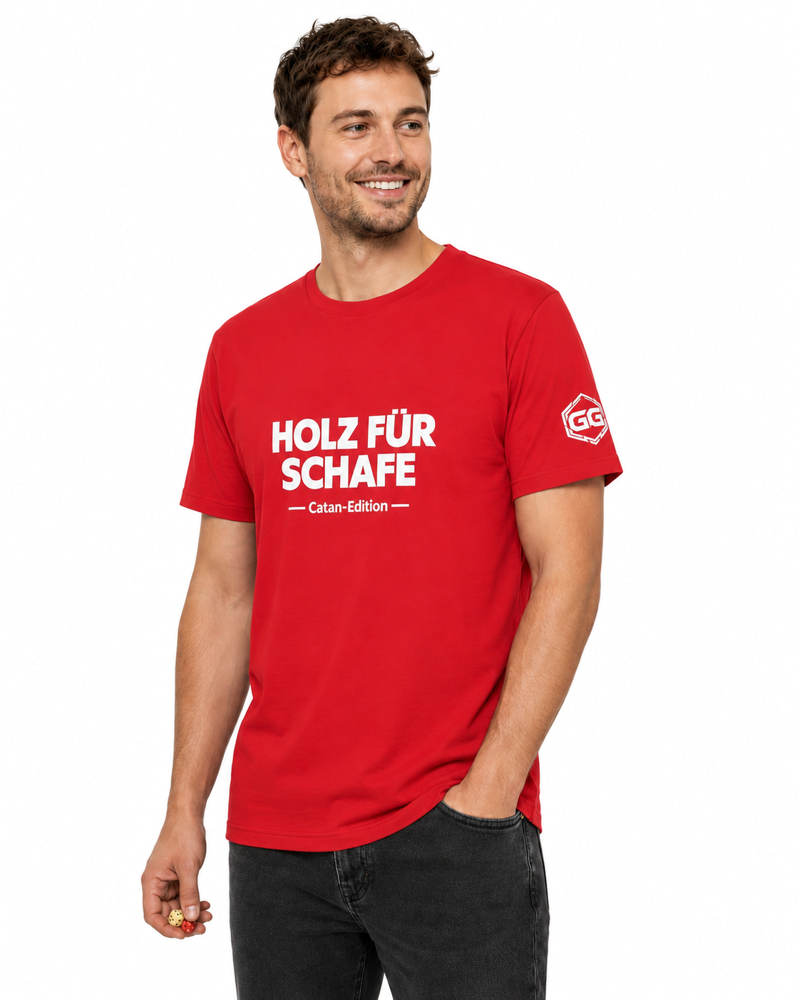 model:10:m | Wood for Sheep T-Shirt — Catan Edition – Model photo in Red – Man