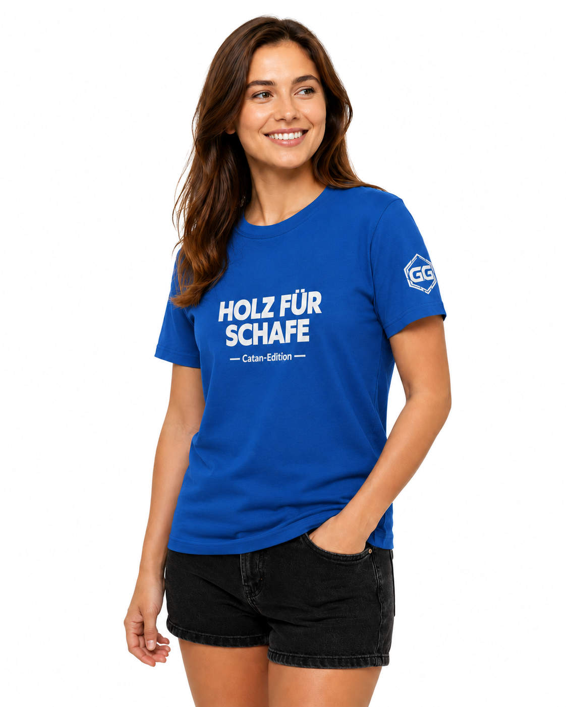 model:8:f | Wood for Sheep T-Shirt — Catan Edition – Model photo in Royal – Woman