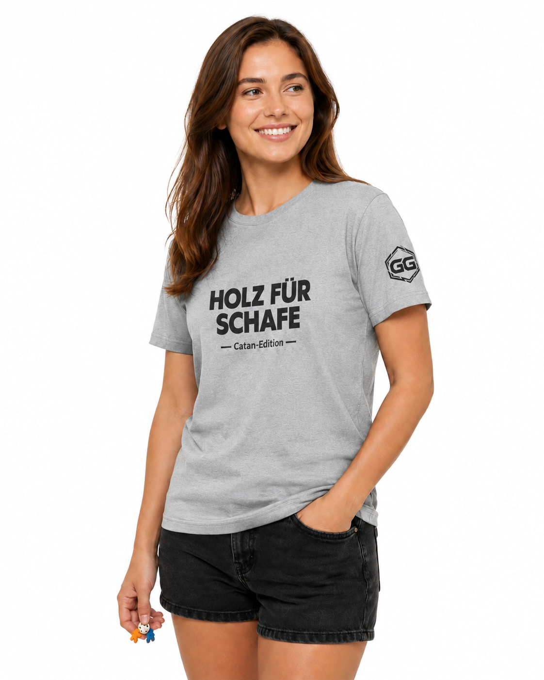 model:2:f | Wood for Sheep T-Shirt — Catan Edition – Model photo in Sport Grey – Woman