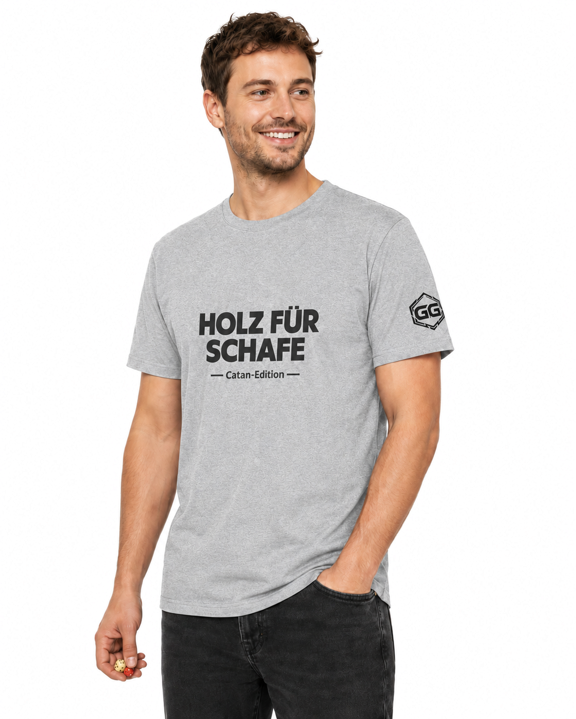 model:2:m | Wood for Sheep T-Shirt — Catan Edition – Model photo in Sport Grey – Man
