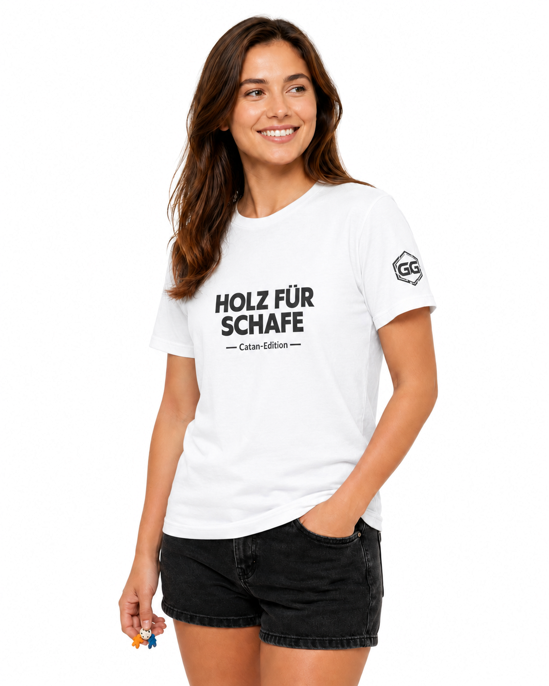 model:0:f | Wood for Sheep T-Shirt — Catan Edition – Model photo in White – Woman